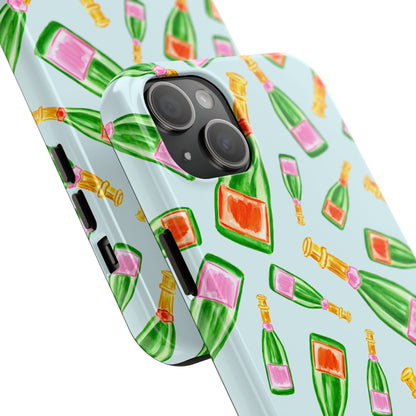 Tossed Pink and Green & Orange and Green Watercolor Illustrated Champagne Bottles Pattern Light Blue Tough Phone Case | Various Models
