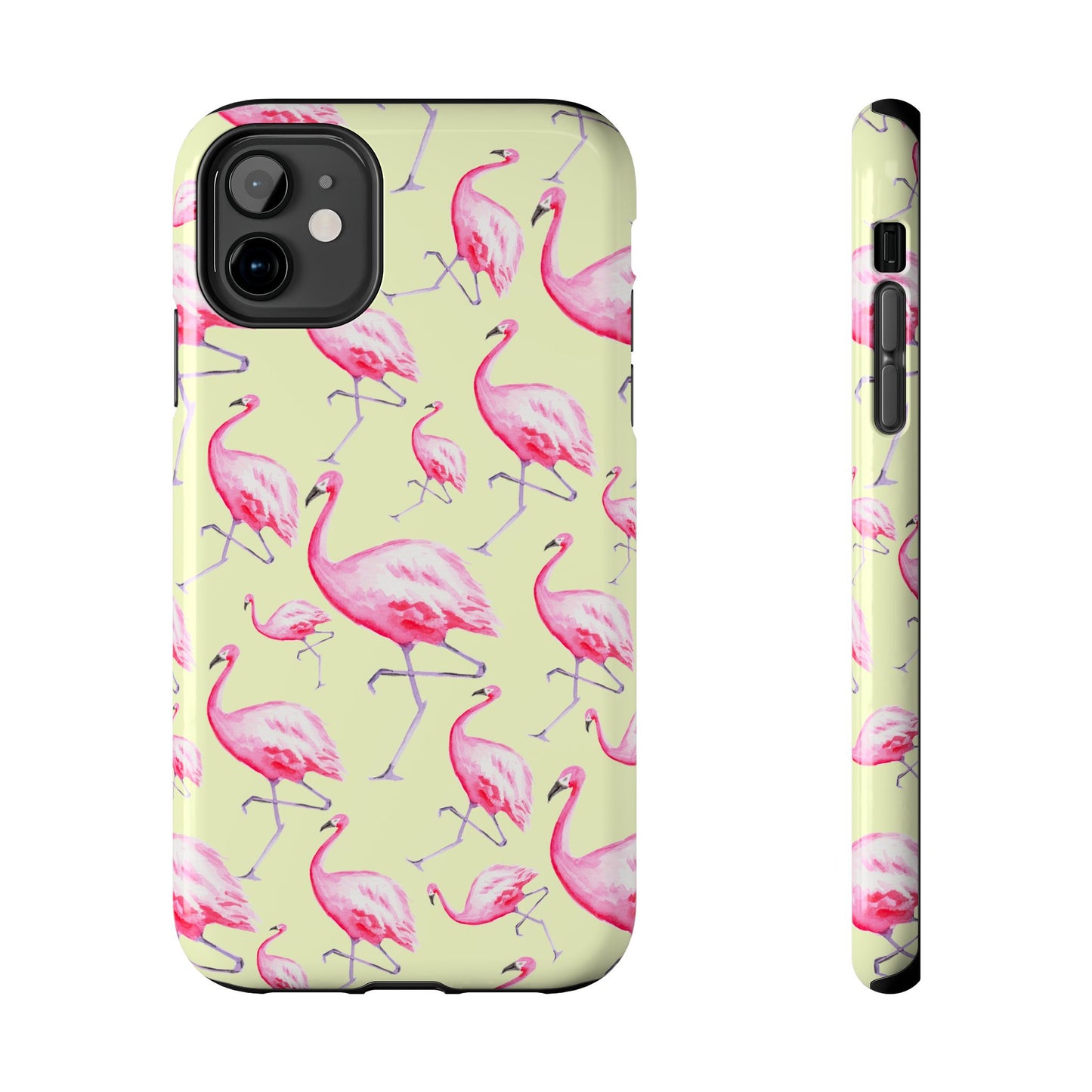 Pink Flamingos Watercolor Illustrated Tossed Pattern Yellow Phone Case | Various Models iPhone 11