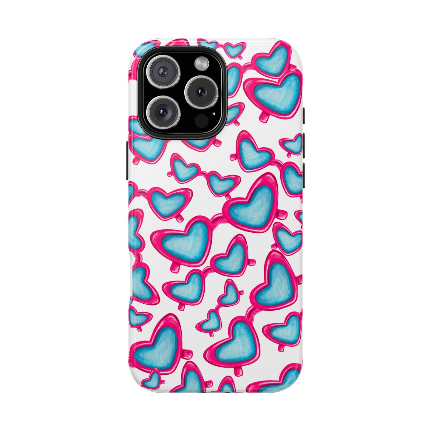 Pink & Blue Heart Shaped Sunglasses Watercolor Illustrated Tossed Pattern Tough Case | Various Models iPhone 16 Pro Max