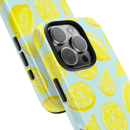 Bright Yellow Lemons Watercolor Illustrated Tossed Pattern Light Blue Tough Phone Case | Various Models