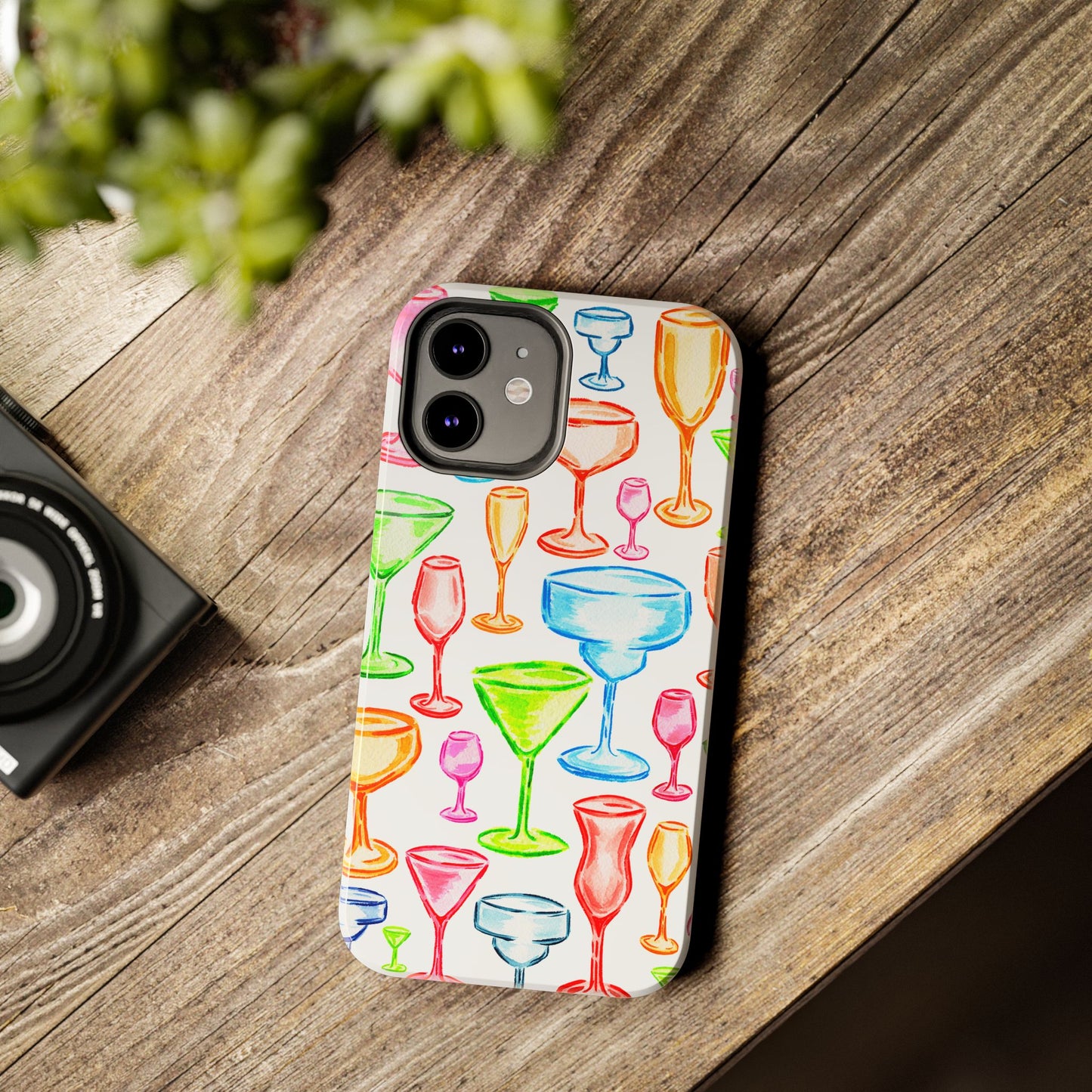 Monochromatic Margarita, Wine, Martini, and Champagne Flute Cocktail Glasses Watercolor Illustrated Tough Phone Case | Various Models Available