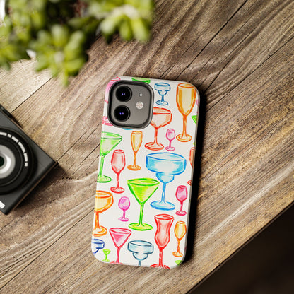 Monochromatic Margarita, Wine, Martini, and Champagne Flute Cocktail Glasses Watercolor Illustrated Tough Phone Case | Various Models Available