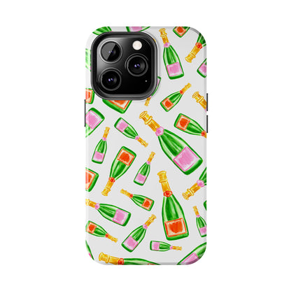 Tossed Pink and Green & Orange and Green Watercolor Illustrated Champagne Bottles Pattern Tough Phone Case | Various Models