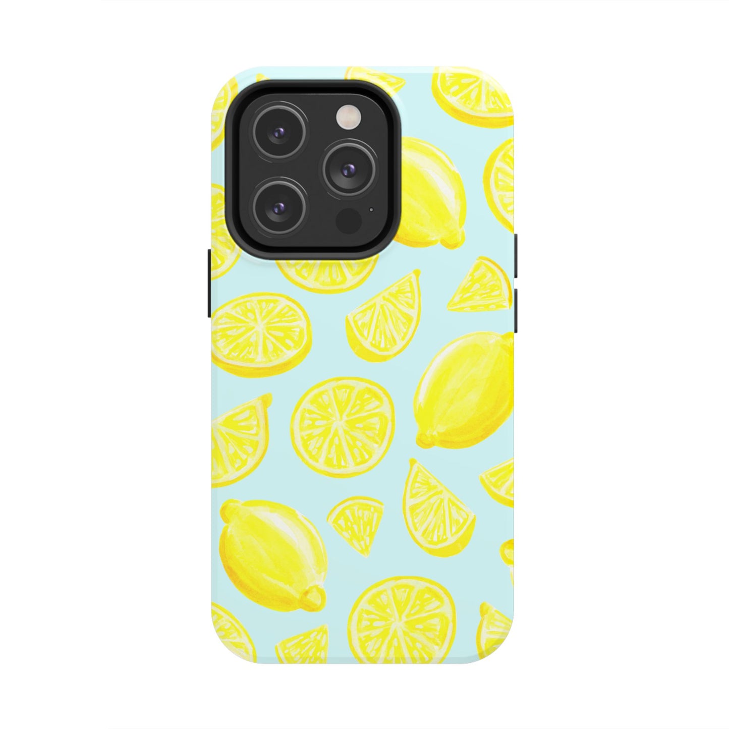 Bright Yellow Lemons Watercolor Illustrated Tossed Pattern Light Blue Tough Phone Case | Various Models