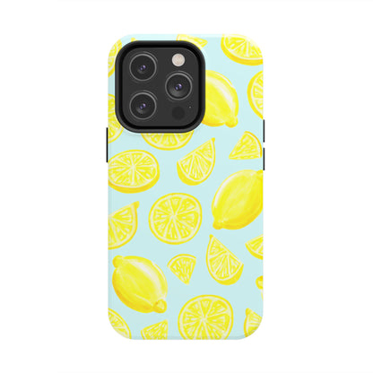 Bright Yellow Lemons Watercolor Illustrated Tossed Pattern Light Blue Tough Phone Case | Various Models