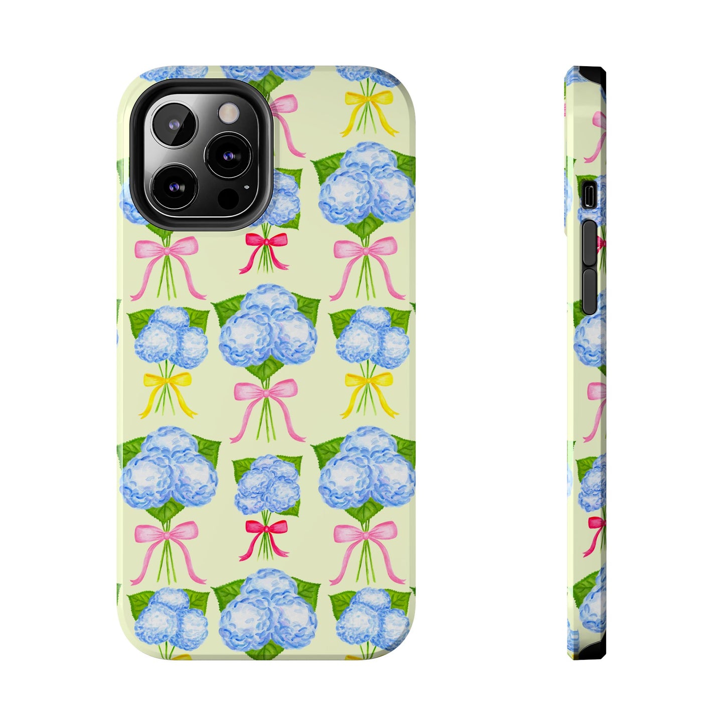 Blue Hydrangeas with Hot Pink, Yellow, Light Pink Bows Watercolor Illustrated Patterned Light Yellow Tough Phone Case | Various Models