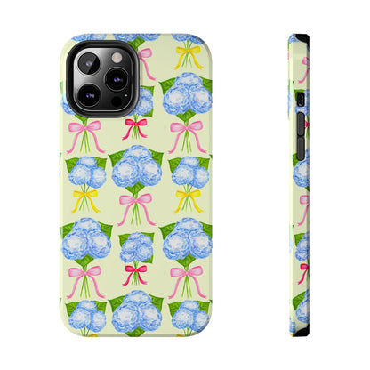 Blue Hydrangeas with Hot Pink, Yellow, Light Pink Bows Watercolor Illustrated Patterned Light Yellow Tough Phone Case | Various Models