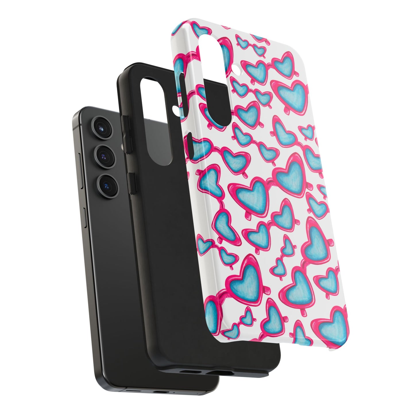 Pink & Blue Heart Shaped Sunglasses Watercolor Illustrated Tossed Pattern Tough Case | Various Models