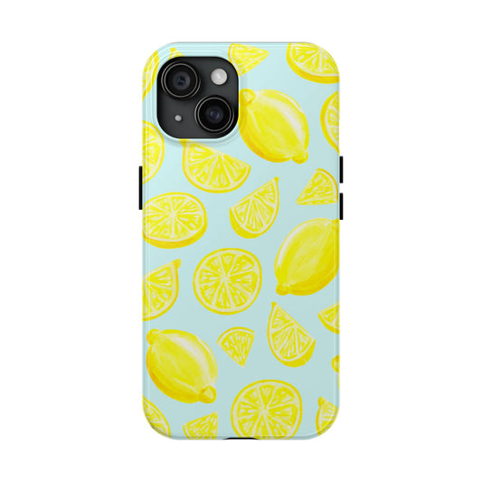 Bright Yellow Lemons Watercolor Illustrated Tossed Pattern Light Blue Tough Phone Case | Various Models iPhone 15