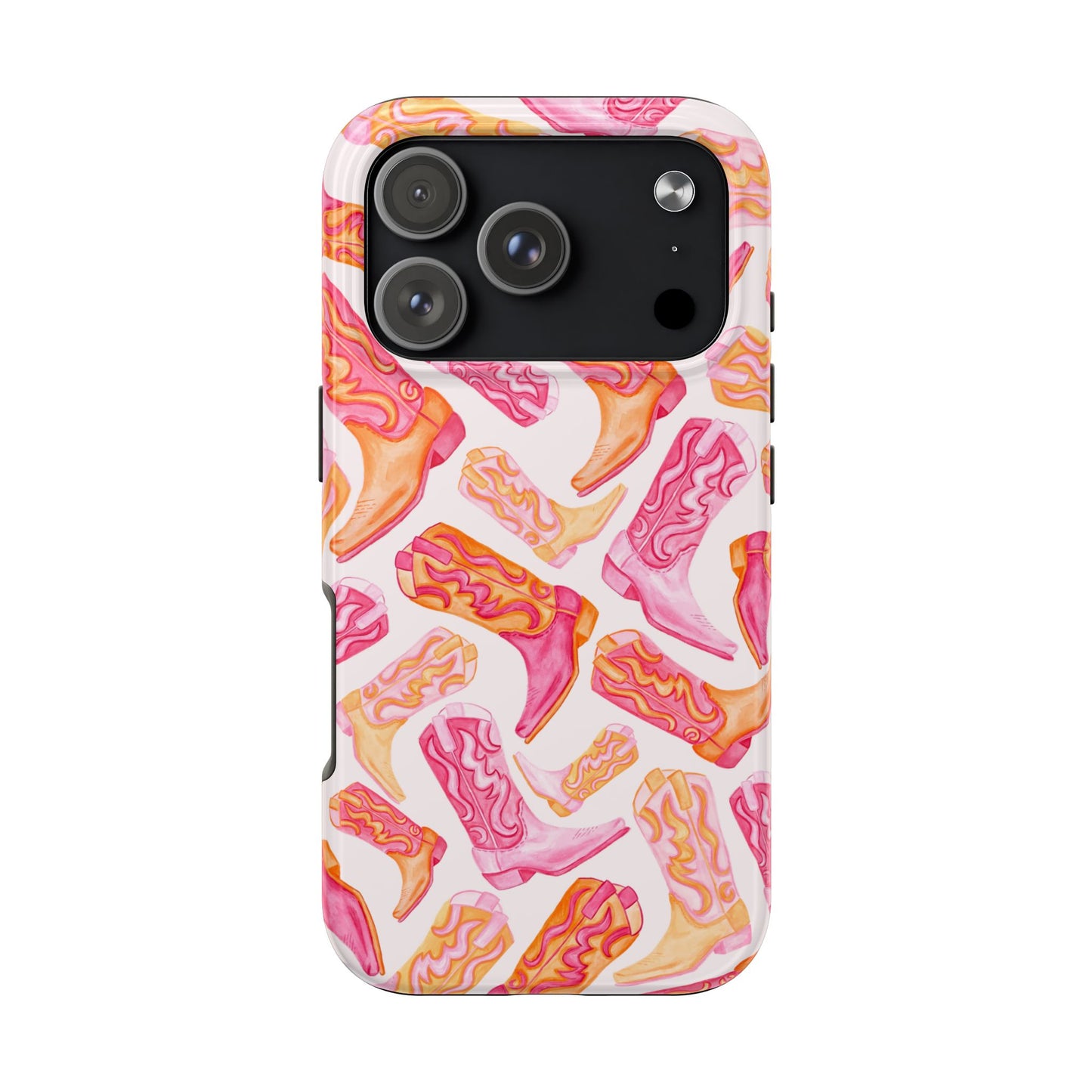 Tossed Hot Pink & Orange Watercolor Cowboy Boots Tough Light Pink Phone Case | Various Models Available iPhone 17 Pro