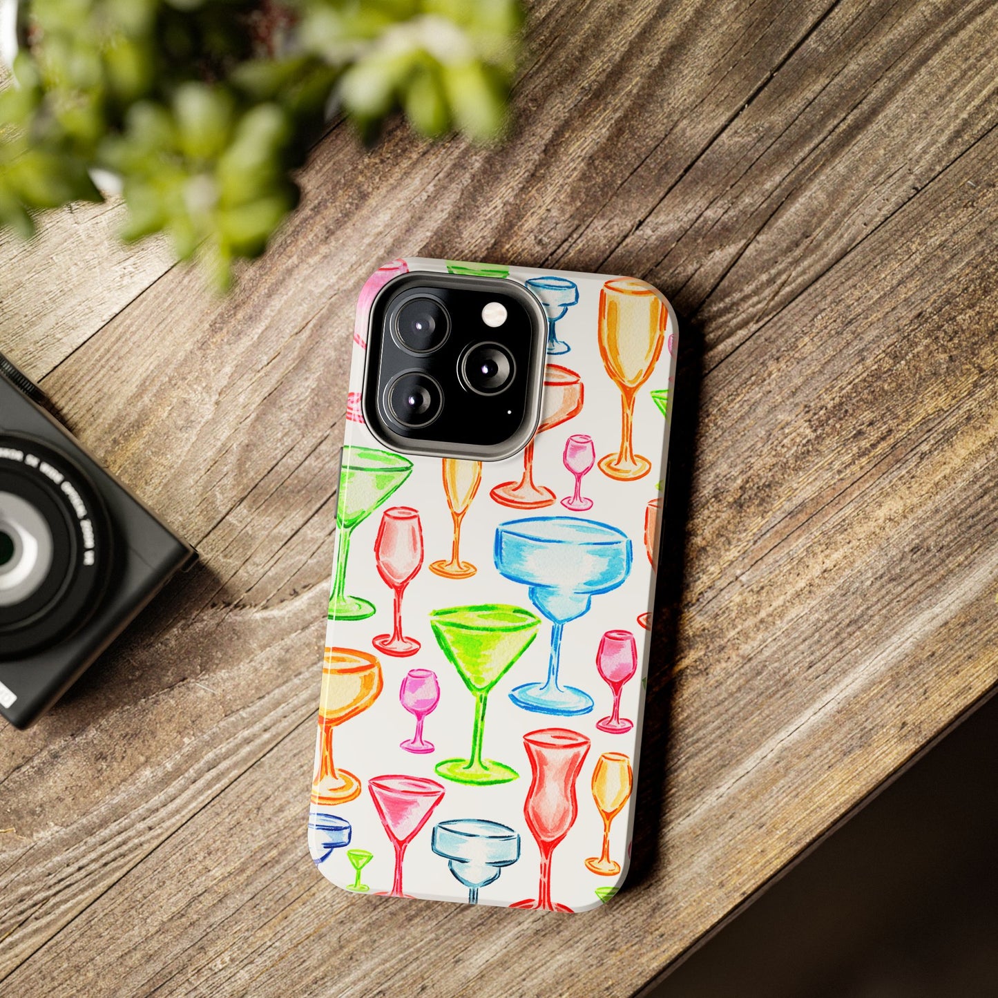 Monochromatic Margarita, Wine, Martini, and Champagne Flute Cocktail Glasses Watercolor Illustrated Tough Phone Case | Various Models Available