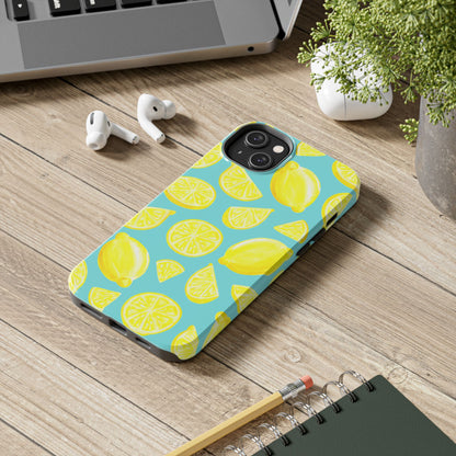 Bright Yellow Lemons Watercolor Illustrated Tossed Pattern Turquoise Blue Tough Phone Case | Various Models