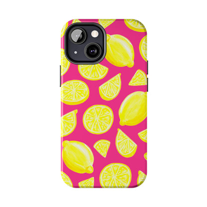 Bright Yellow Lemons Watercolor Illustrated Tossed Pattern Watermelon Pink Tough Phone Case | Various Models