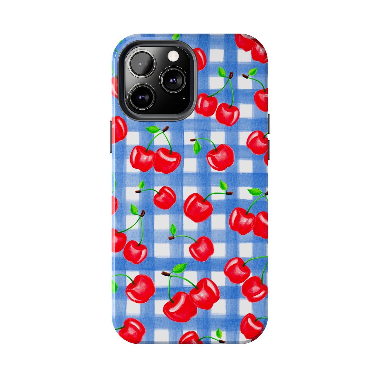 Tossed Red Watercolor Illustrated Cherries Light Blue Gingham Tough Phone Case | Various Models