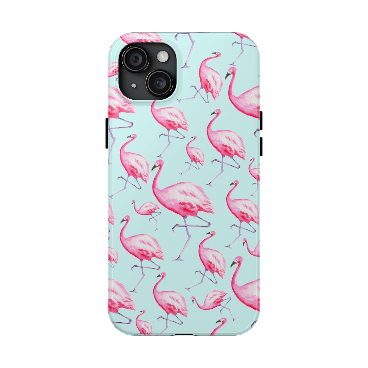 Pink Flamingos Watercolor Illustrated Tossed Pattern Blue Phone Case | Various Models iPhone 15 Plus