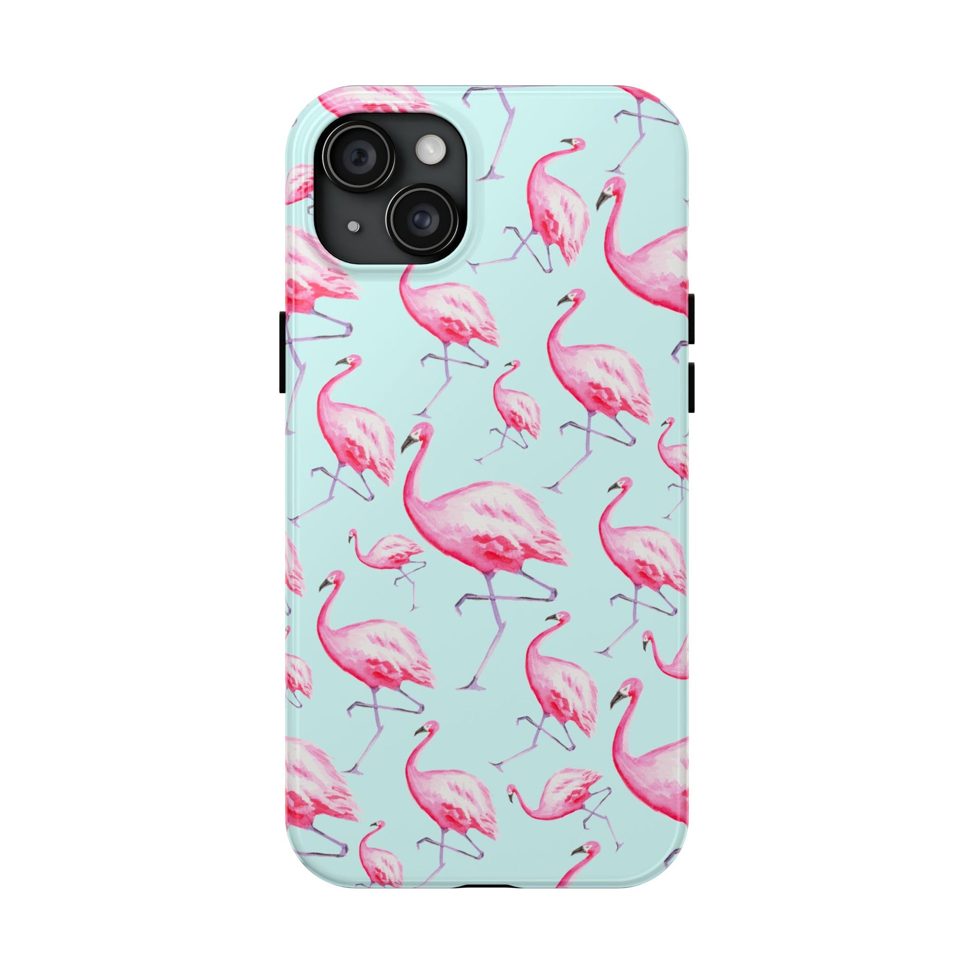 Pink Flamingos Watercolor Illustrated Tossed Pattern Blue Phone Case | Various Models iPhone 15 Plus