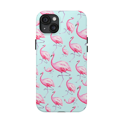 Pink Flamingos Watercolor Illustrated Tossed Pattern Blue Phone Case | Various Models iPhone 15 Plus