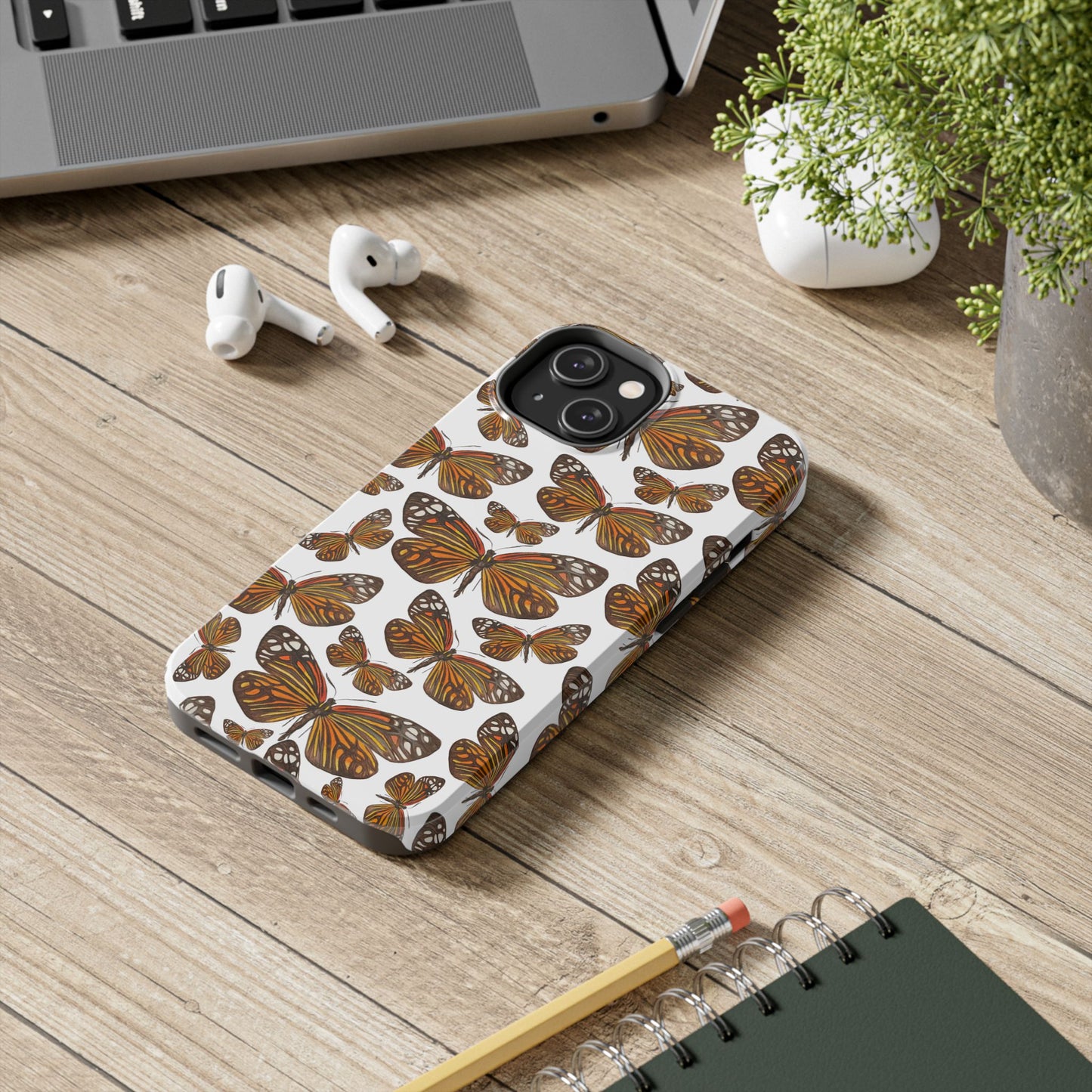 Black & Orange Butterfly Watercolor Illustrated Tossed Pattern Tough Phone Case | Various Models