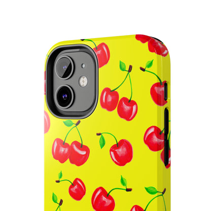 Tossed Red Watercolor Cherries Illustrated Pattern Bright Yellow Tough Phone Case | Various Models
