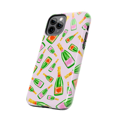 Tossed Pink and Green & Orange and Green Watercolor Illustrated Champagne Bottles Pattern Blush Pink Tough Phone Case | Various Models
