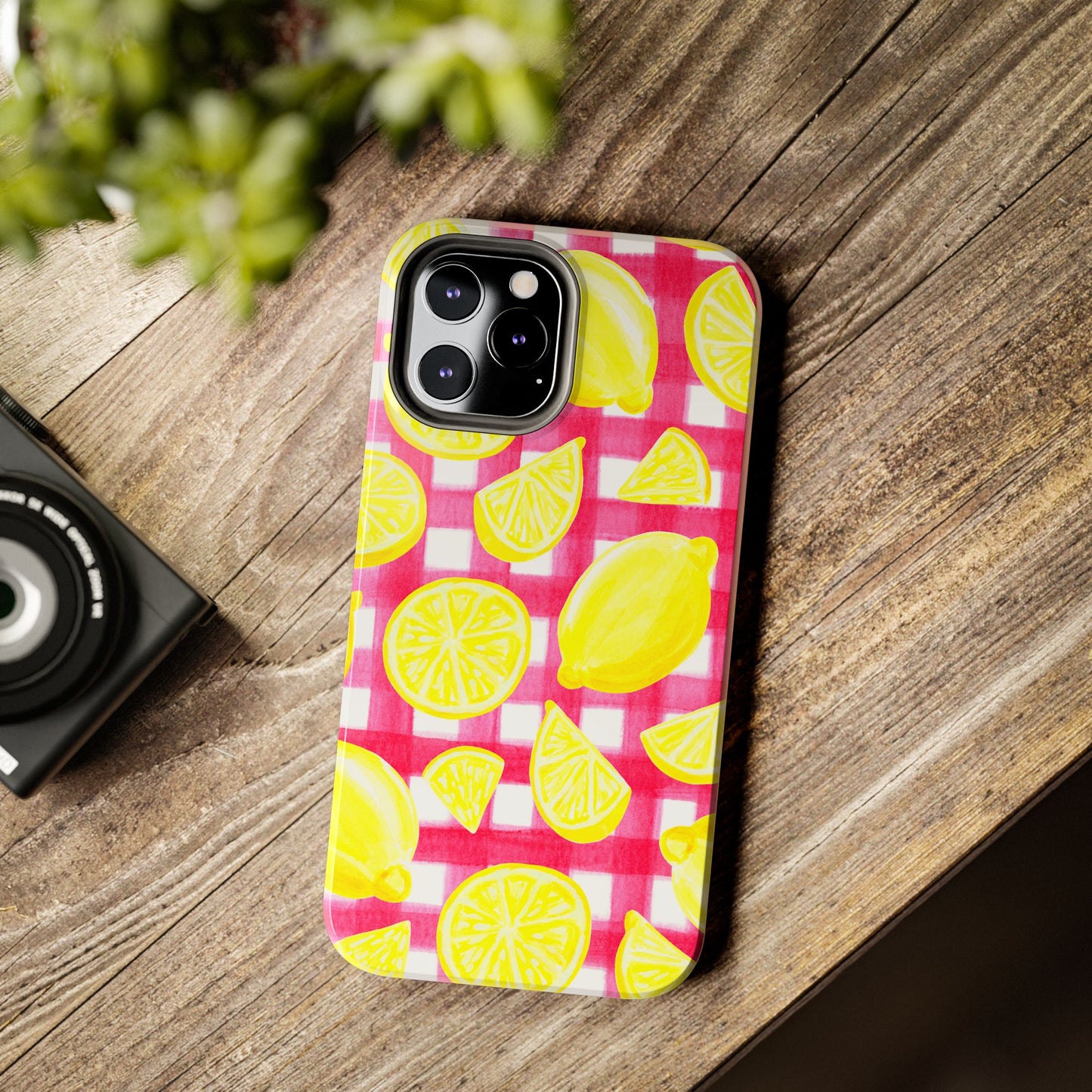 Yellow Lemons & Hot Pink Gingham Watercolor Illustrated Tough Phone Case | Various Models Available