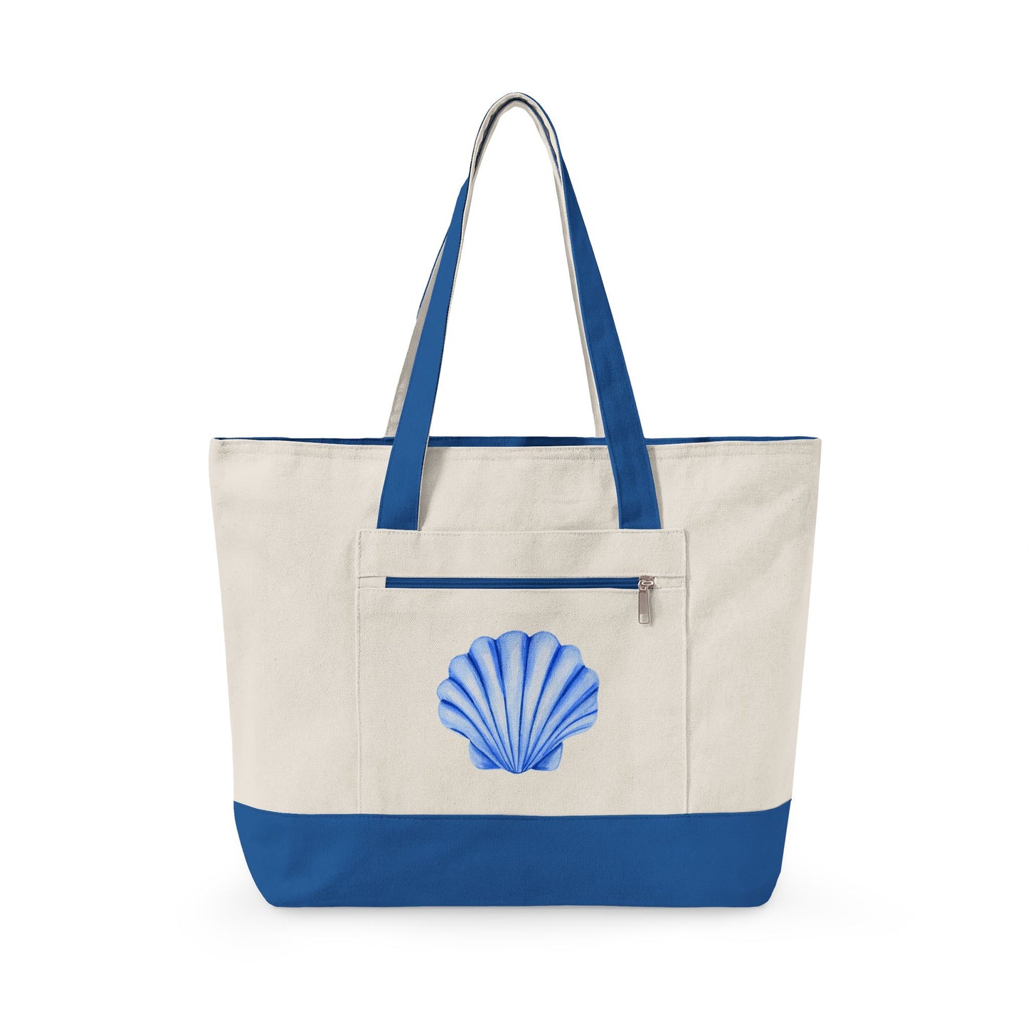 Blue Watercolor Seashell Printed Zippered Canvas Tote 18" x 14" | Various Colors 18" x 14" x 4.5" Natural Royal