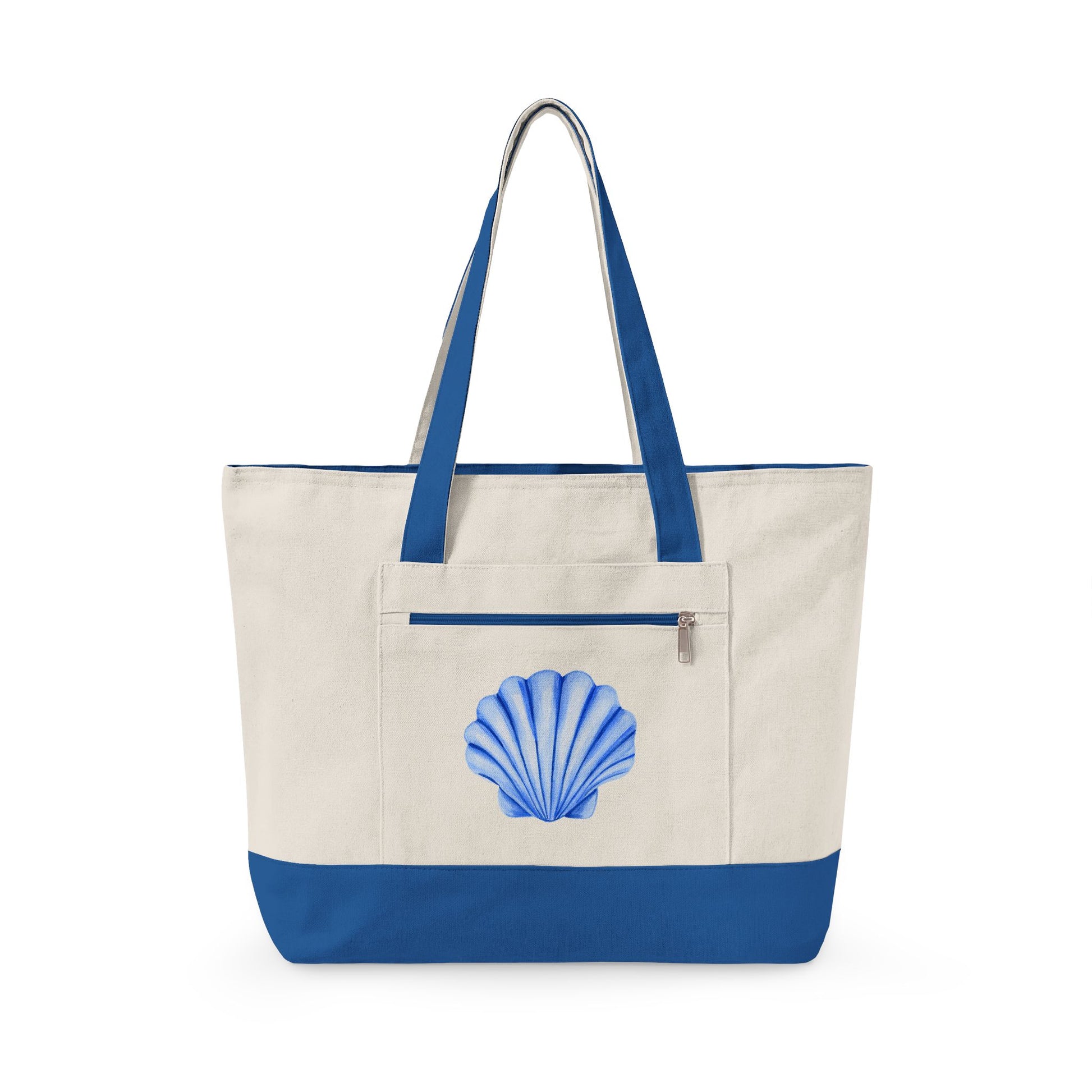 Blue Watercolor Seashell Printed Zippered Canvas Tote 18" x 14" | Various Colors 18" x 14" x 4.5" Natural Royal