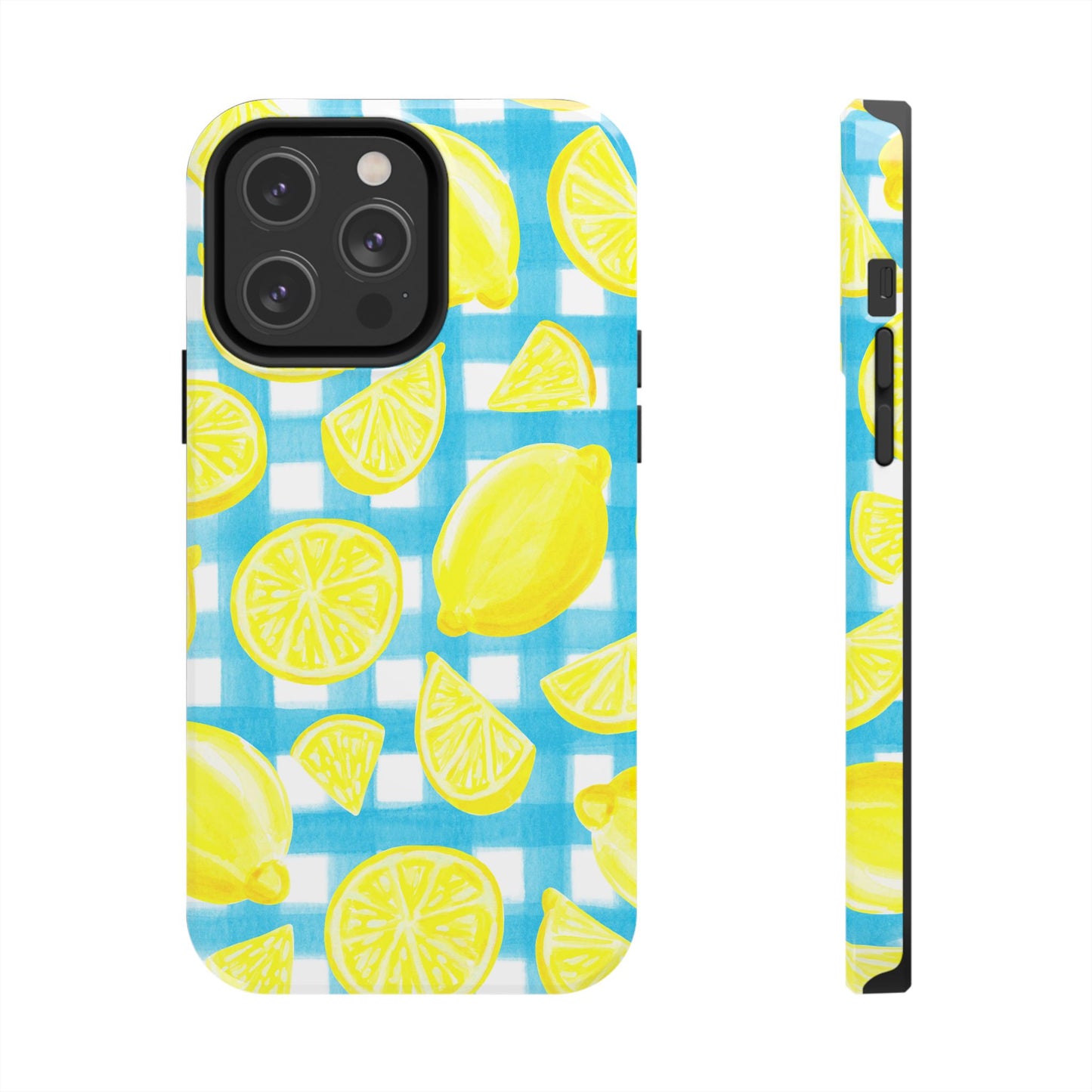 Yellow Lemons & Turquoise Gingham Watercolor Illustrated Tough Phone Case | Various Models Available