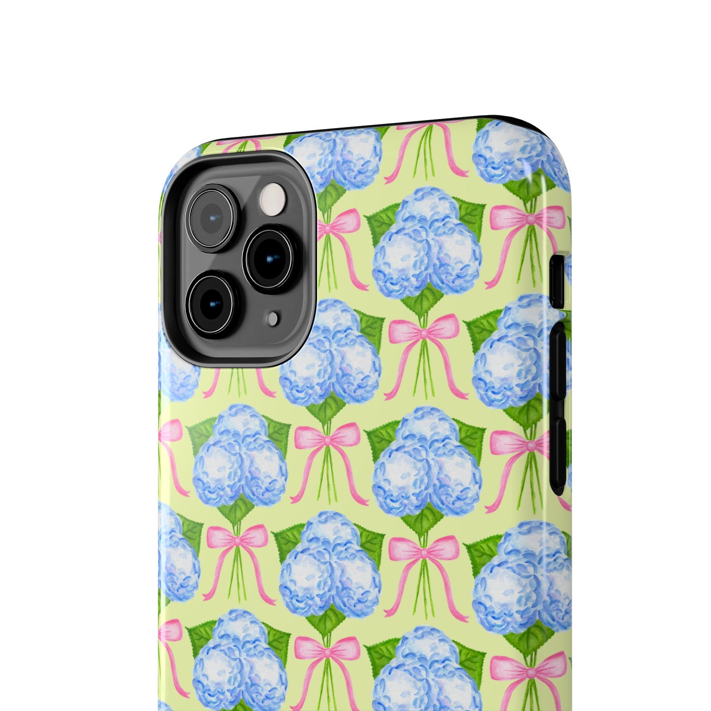 Blue Watercolor Hydrangea Bouquets with Light Pink Bows Watercolor Illustrated Patterned Yellow Tough Phone Case | Various Models