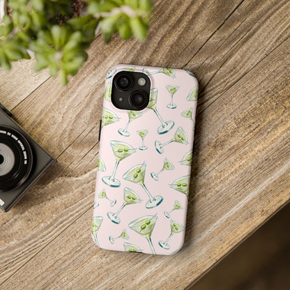Watercolor Blue and Green Martinis Tossed Illustrated Pattern Blush Pink Tough Phone Case | Various Models