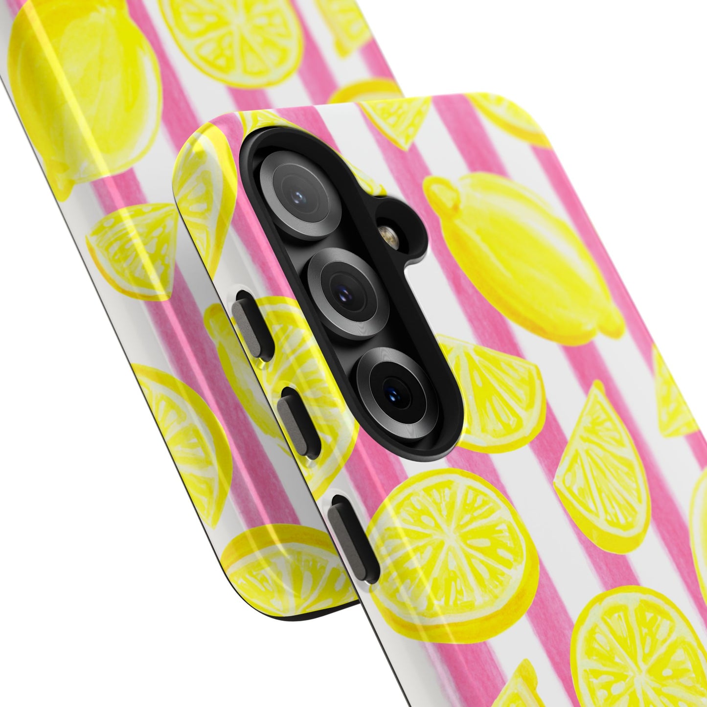 Pink Lemonade Yellow Lemons with Pink & White Watercolor Stripes Tough Phone Case