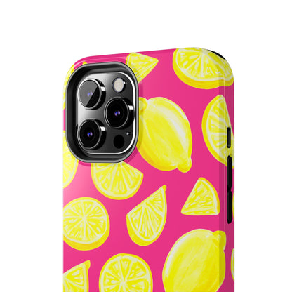 Bright Yellow Lemons Watercolor Illustrated Tossed Pattern Watermelon Pink Tough Phone Case | Various Models