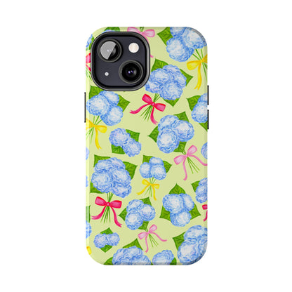 Blue Watercolor Hydrangea Bunches with Hot Pink, Yellow, Light Pink Bows Illustrated Patterned Yellow Tough Phone Case | Various Models