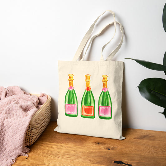 Canvas Tote | Trio Pink Orange Green Watercolor Champagne Bottle Farmers Market Tote | Cocktail Bachelorette Gift Hostess