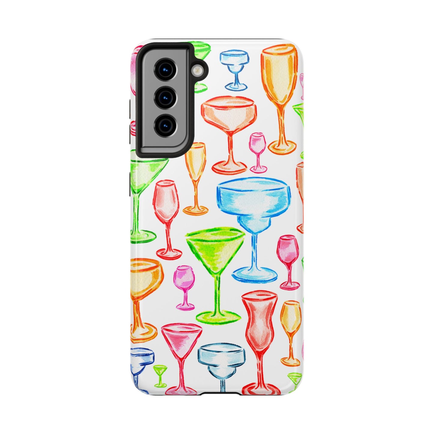 Monochromatic Margarita, Wine, Martini, and Champagne Flute Cocktail Glasses Watercolor Illustrated Tough Phone Case | Various Models Available