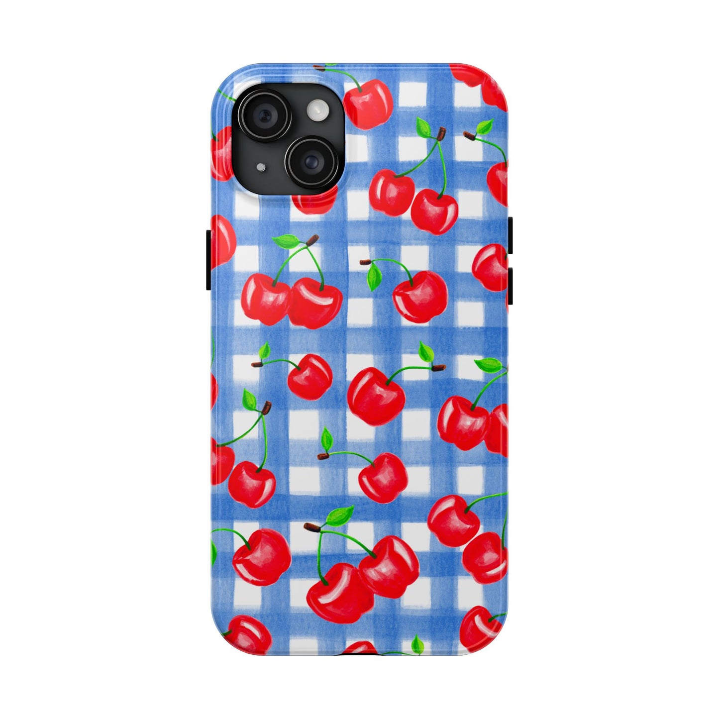 Tossed Red Watercolor Illustrated Cherries Light Blue Gingham Tough Phone Case | Various Models