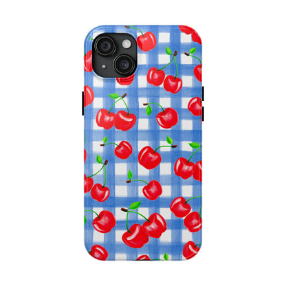 Tossed Red Watercolor Illustrated Cherries Light Blue Gingham Tough Phone Case | Various Models