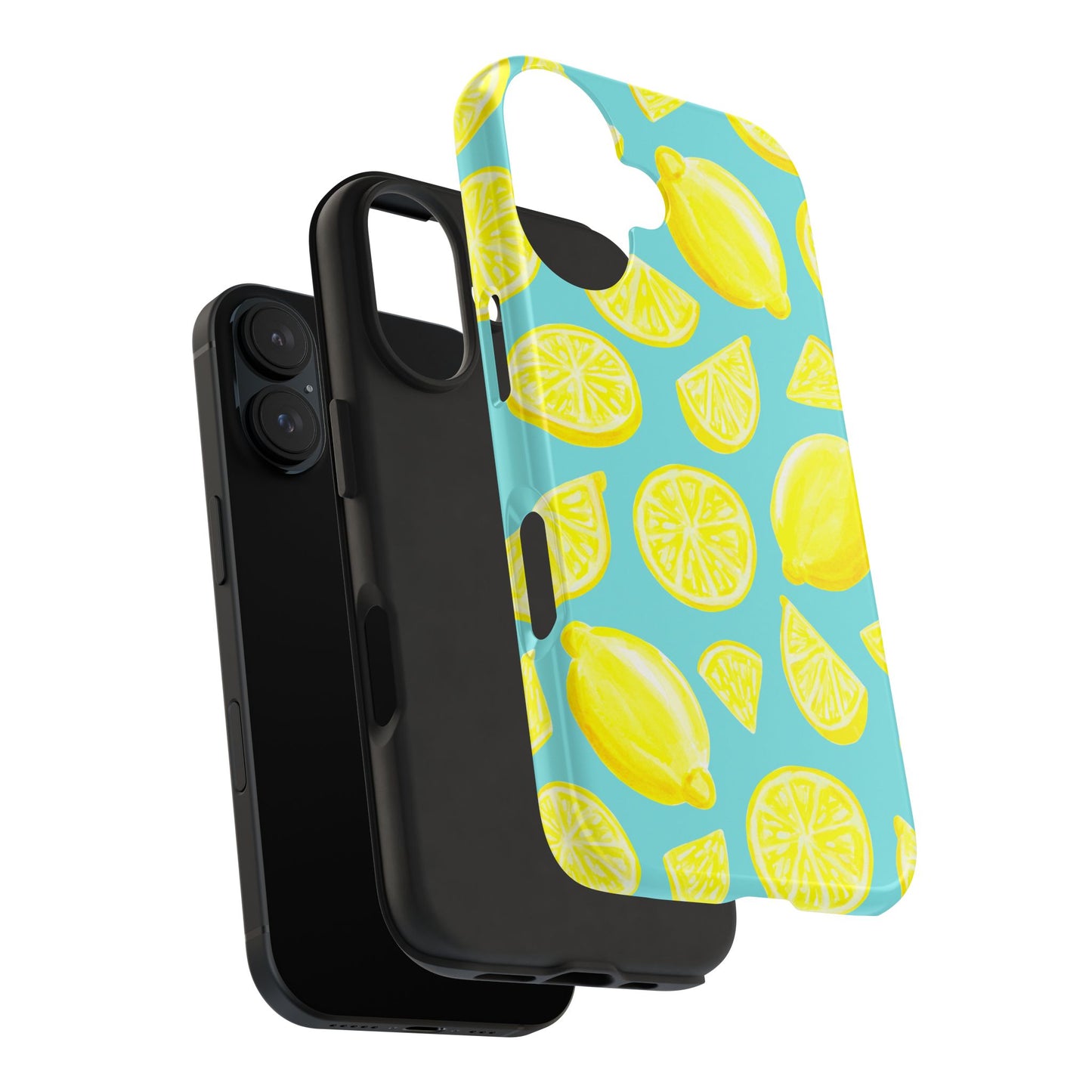 Bright Yellow Lemons Watercolor Illustrated Tossed Pattern Turquoise Blue Tough Phone Case | Various Models