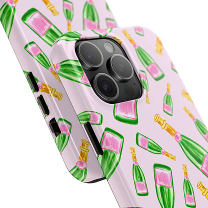 Tossed Pink and Green Watercolor Illustrated Champagne Bottles Pattern Blush Pink Tough Phone Case | Various Models