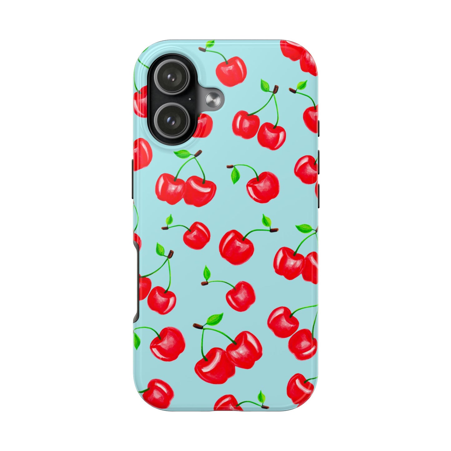 Tossed Red Watercolor Cherries Illustrated Pattern Bright Blue Tough Phone Case | Various Models