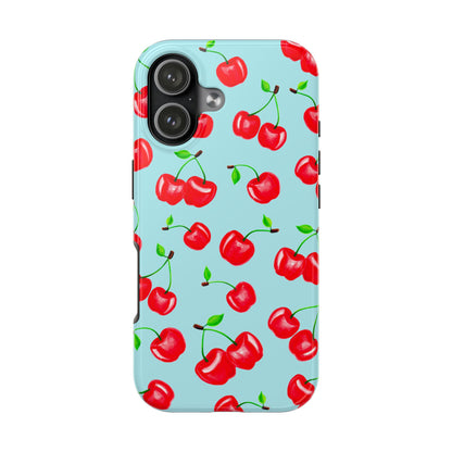 Tossed Red Watercolor Cherries Illustrated Pattern Bright Blue Tough Phone Case | Various Models