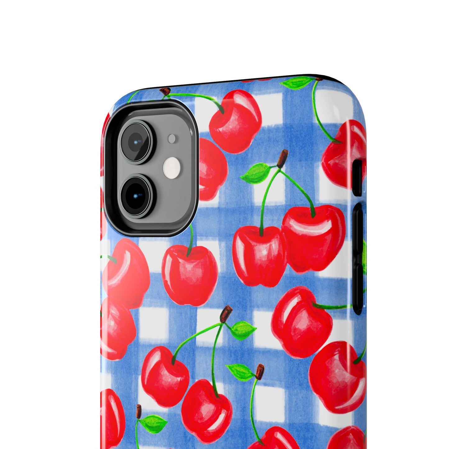 Tossed Red Cherries Blue Gingham Checkered Watercolor Illustrated Tough Phone Case | Various Models