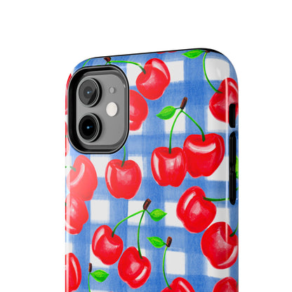 Tossed Red Cherries Blue Gingham Checkered Watercolor Illustrated Tough Phone Case | Various Models