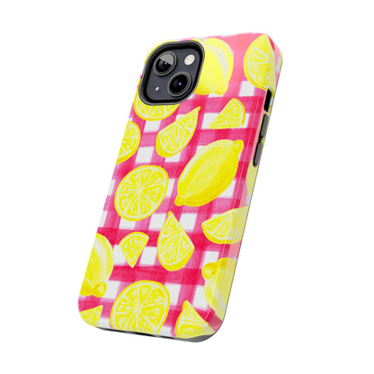 Yellow Lemons & Hot Pink Gingham Watercolor Illustrated Tough Phone Case | Various Models Available