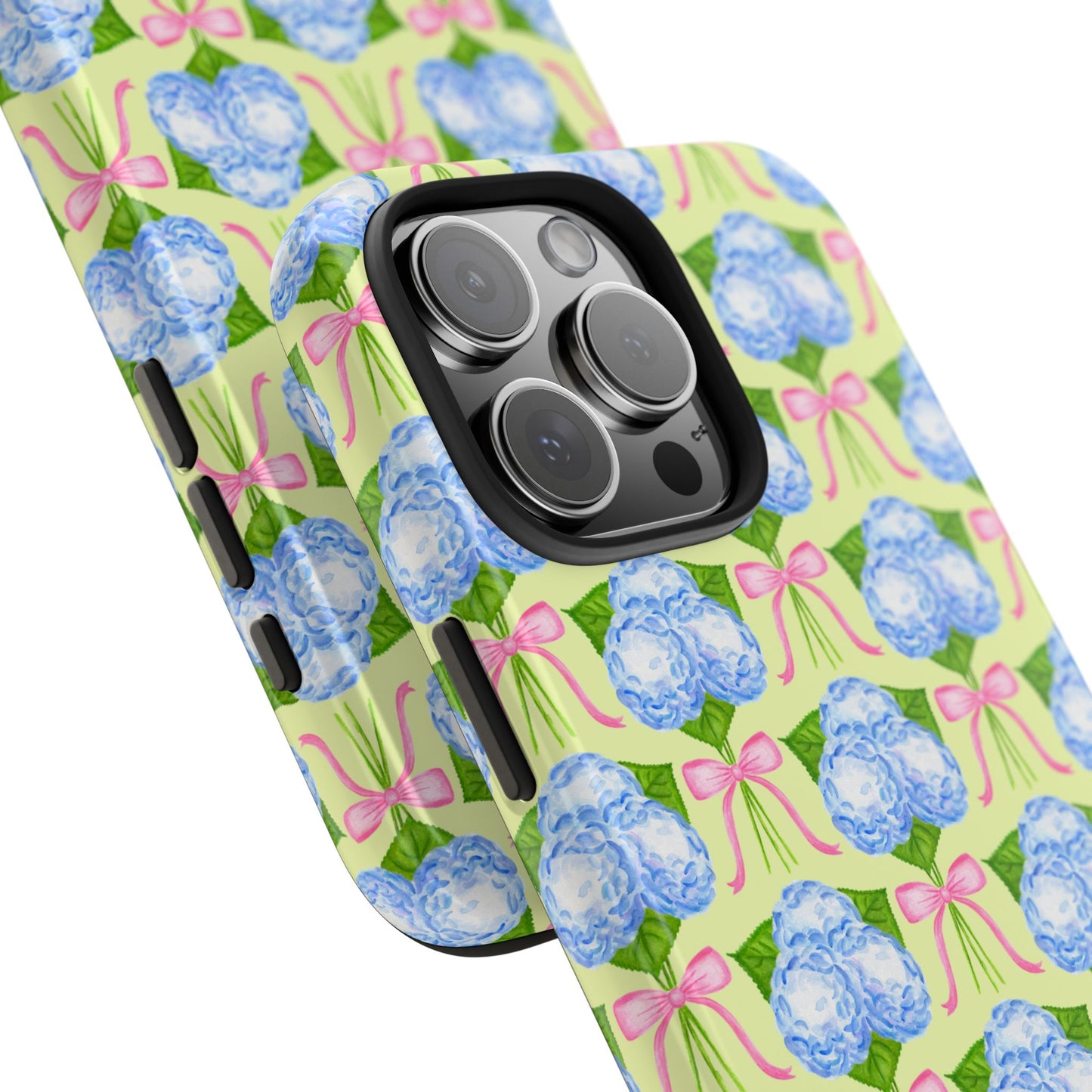Blue Watercolor Hydrangea Bouquets with Light Pink Bows Watercolor Illustrated Patterned Yellow Tough Phone Case | Various Models