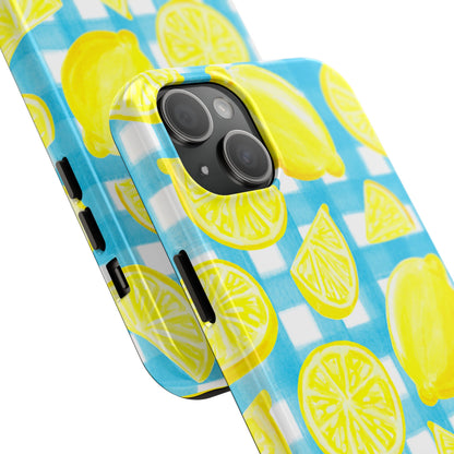 Yellow Lemons & Turquoise Gingham Watercolor Illustrated Tough Phone Case | Various Models Available