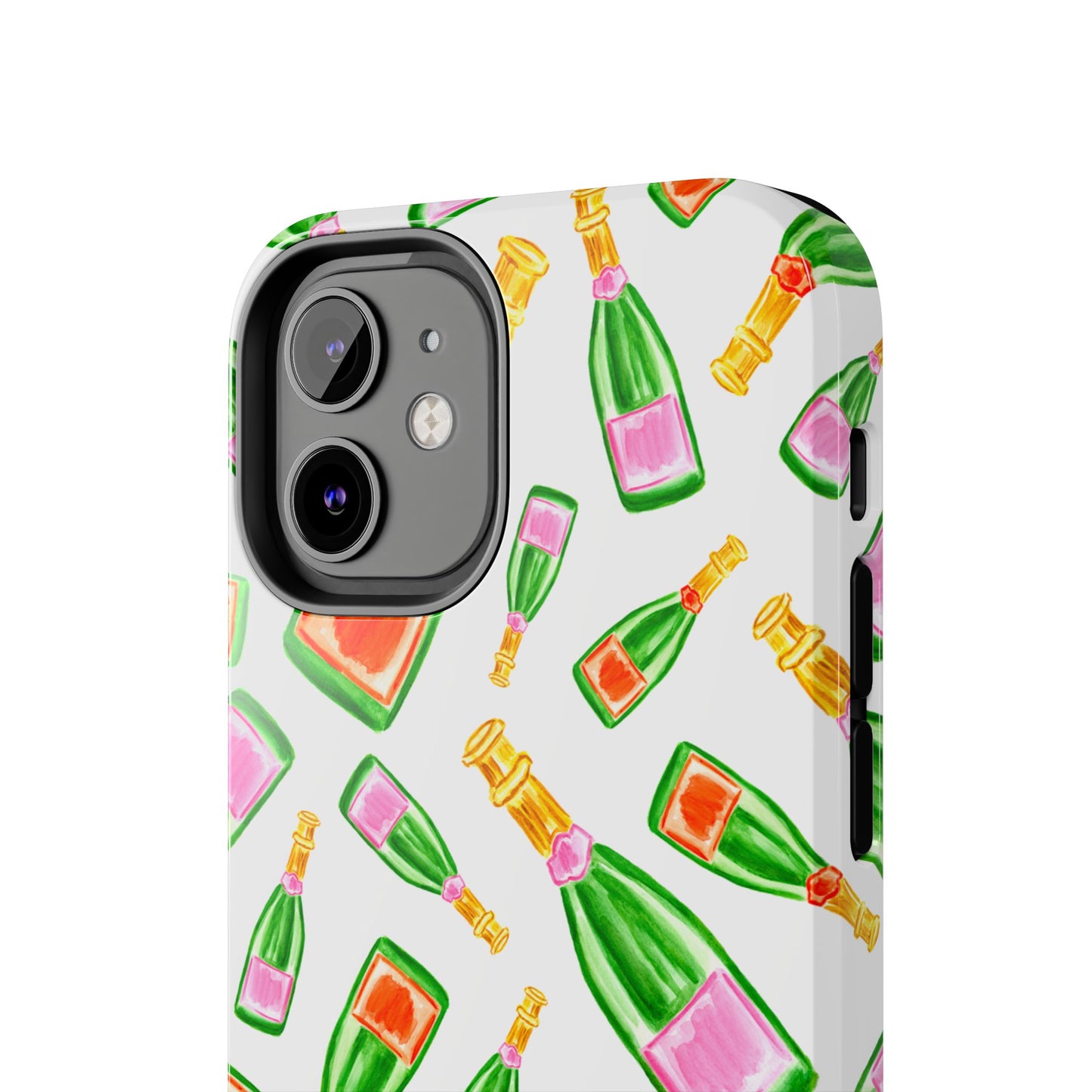 Tossed Pink and Green & Orange and Green Watercolor Illustrated Champagne Bottles Pattern Tough Phone Case | Various Models