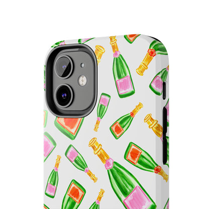 Tossed Pink and Green & Orange and Green Watercolor Illustrated Champagne Bottles Pattern Tough Phone Case | Various Models
