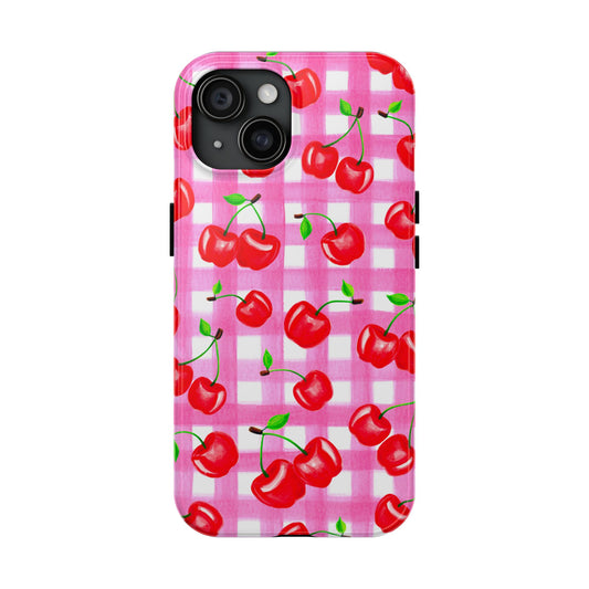 Tossed Red Watercolor Cherries Illustrated Pattern Light Pink Gingham Tough Phone Case | Various Models iPhone 15