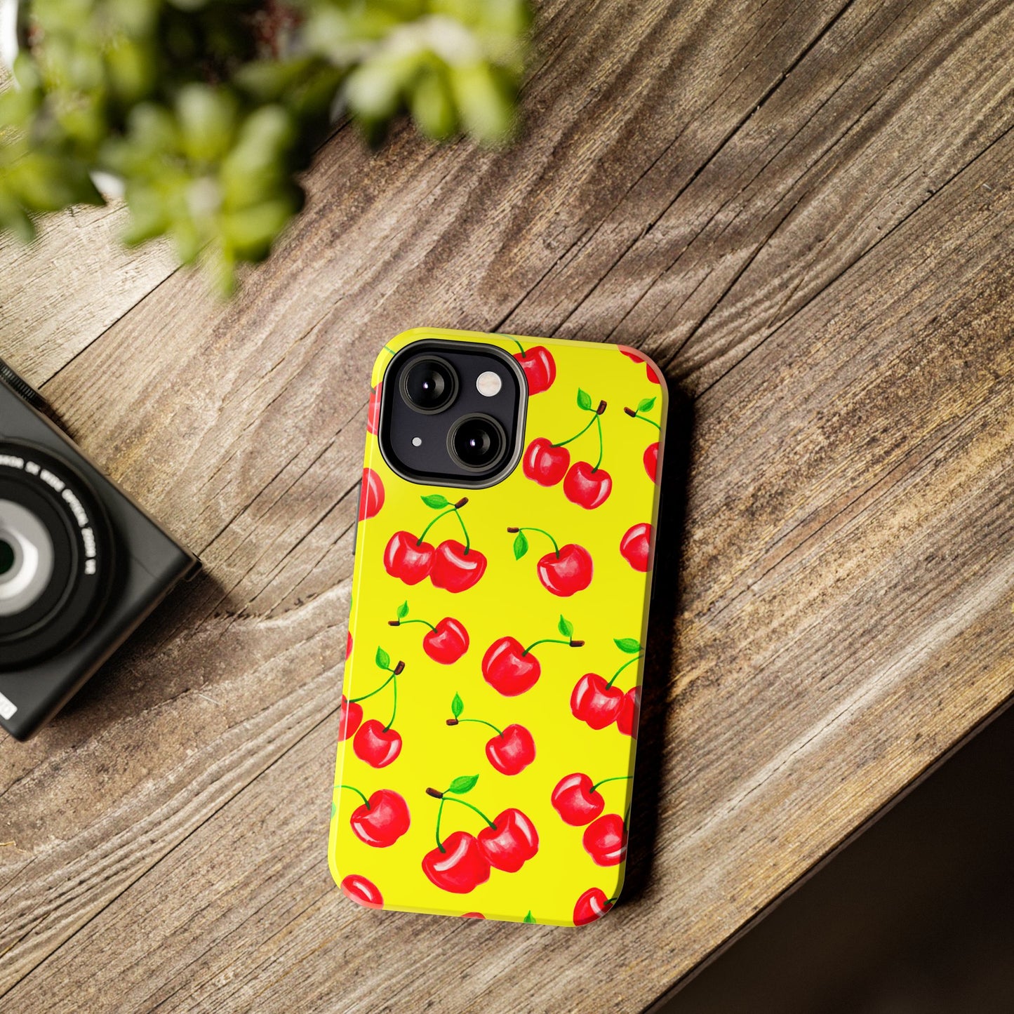 Tossed Red Watercolor Cherries Illustrated Pattern Bright Yellow Tough Phone Case | Various Models